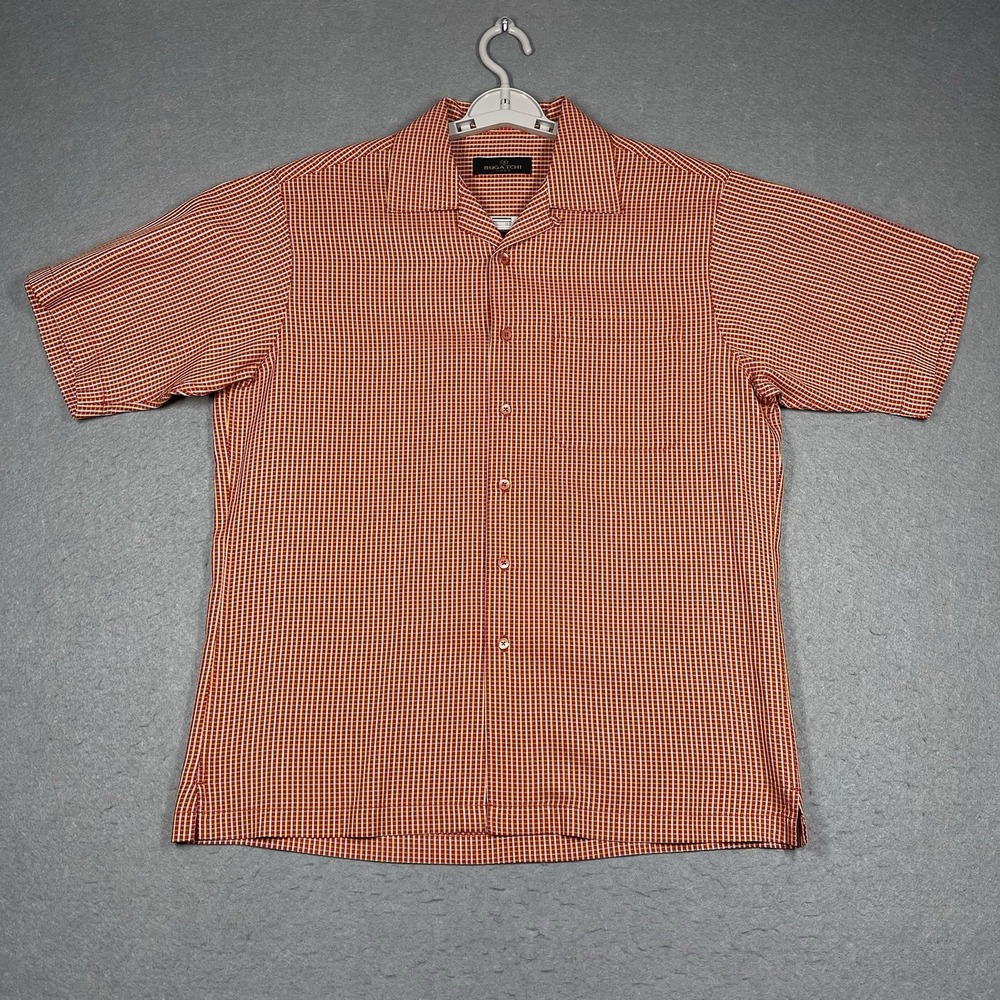 Bugatchi Shirt Mens Medium Red Plaid Stretch Short Sleeve Button Up Shaped‎ Fit